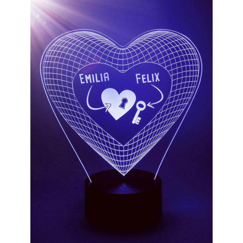 RGB Farbwechsel Geburtstag Acrylglas Herz mit Text Motiv Holzsockel LED-Bel 